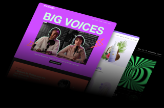 Three vibrant website screenshots, including 