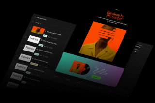 A dark blue website displays a newsletter for Fabrics, a clothing brand, featuring an orange-suited individual and a 