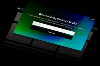 A dark blue and green mailing list signup form requests email participation for a future of CRO mailing list, with company logos and contact information.