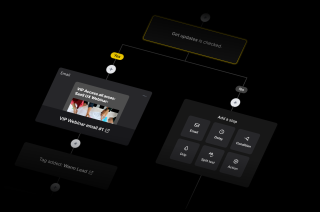 A workflow diagram illustrates an email process to attend a VIP webinar, followed by a decision to participate, followed by a step to add participation.
